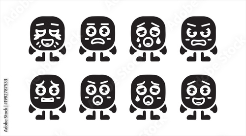 Round cartoon characters with emotional expressions in black silhouette style