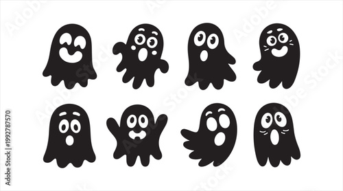 Spooky ghost character icon set isolated on white background for festive themes
