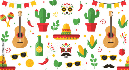 Seamless Mexican fiesta pattern vector with guitars, sombreros, cacti and sugar skulls, colorful festive background with chili peppers, maracas and decorative elements