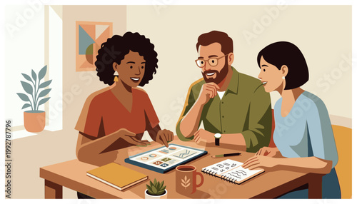 Three people discussing documents at a table.