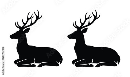 Foto Stag deer silhouette vector, black reindeer buck lying down, wild animal forest