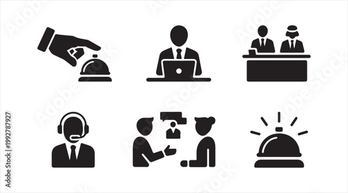 Collection of receptionist concierge and room service icons for travel and accommodation design