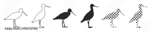 Minimalist sandpiper bird vector icons, black and white shorebird silhouettes, 6 wading bird illustrations in outline and solid styles