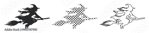 Halloween witch silhouette vector set, flying witch on broomstick icons, spooky sorceress character illustrations in black and white line art