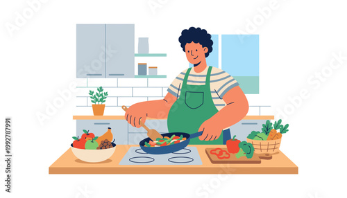 Man cooking in a modern kitchen.