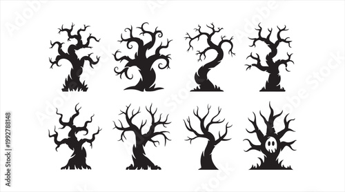 Black silhouette dead trees with eerie shapes for dark forest and seasonal themes