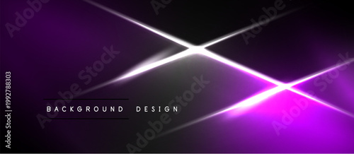 Abstract purple background. Diagonal light streaks intersect creating bright center point. Modern design element.