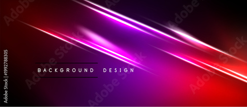 Abstract background features vibrant diagonal light streaks. Colors transition from deep purple to bright red, creating dynamic visual effect.