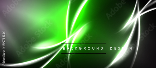 Abstract green design features bright lines, curves. Dark background creates dramatic visual effect. Modern, dynamic composition.