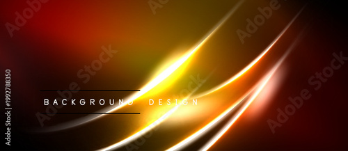 Abstract background features vibrant orange, yellow lines. Modern design with dark edges, glowing effect, text overlay present.