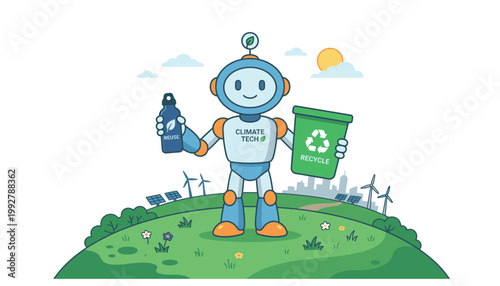 Robot holding recyclable materials on green hill with renewable energy sources.