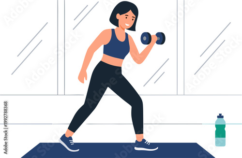 Woman exercising with dumbbell on yoga mat indoors at gym