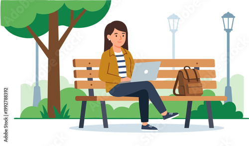 Woman sits on park bench with laptop and bag under street lights