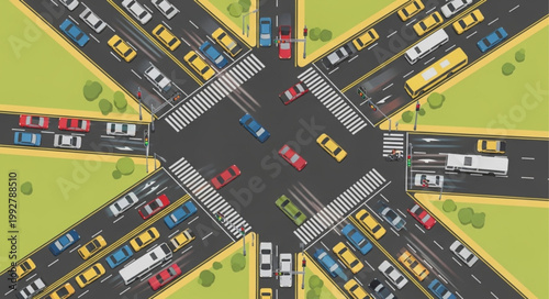 Busy City Intersection With Heavy Traffic Congestion.