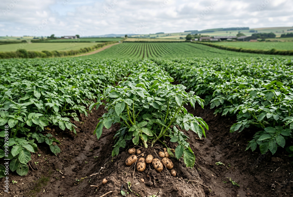 Fototapeta premium Lush potato plants growing in long agricultural field rows