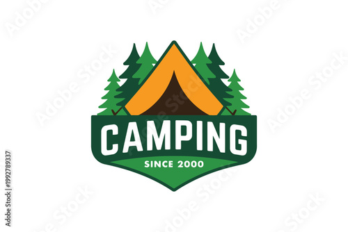Camping badge with forest trees and tent, outdoor adventure travel illustration.