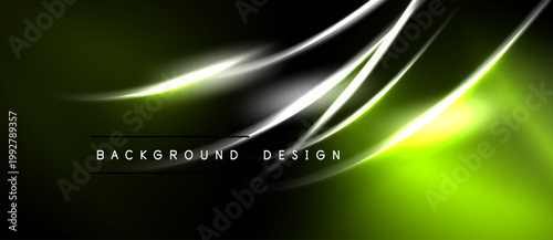 Abstract neon lines over dark background. Bright green, silver gradients create dynamic visual effect. Modern design element.