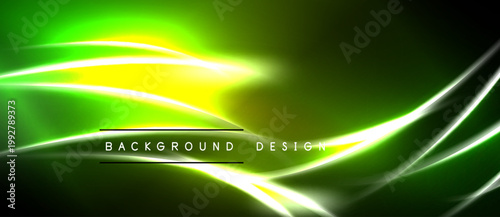 Abstract neon glow, vibrant green yellow hues. Dynamic curves create modern background design. Dark space emphasizes bright lines.
