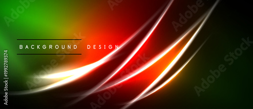 Abstract vibrant design features flowing lines. Green transitions to red with bright highlights. Dark background emphasizes luminosity, creating dynamic visual effect.