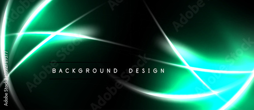 Abstract background features vibrant green lines, curves, gradients. Dark backdrop enhances luminosity, creating modern design element.