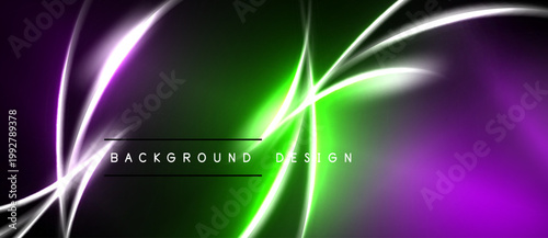 Abstract neon lines create vibrant background. Green, purple, white glow radiates from center. Modern design element.