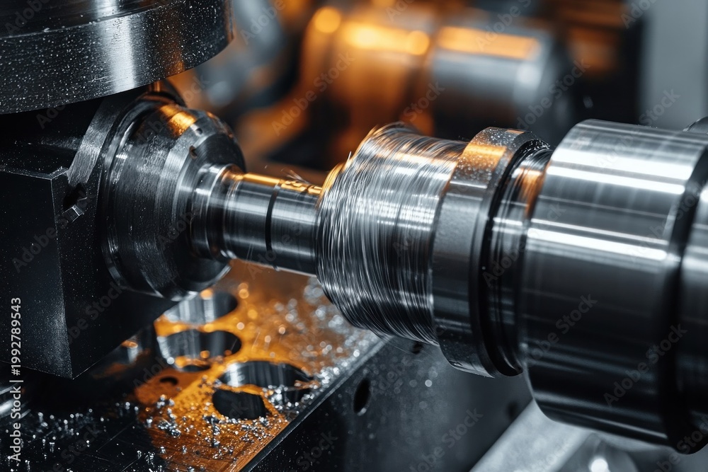 Naklejka premium Close-up of a metal lathe turning a cylindrical workpiece with spiraling metal shavings, conveying precision and intense industrial focus