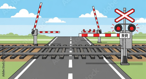 Railway crossing with barriers and signal.