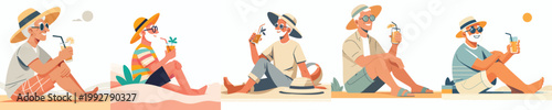 vector grandpa sitting drinking ice on the beach during summer side view