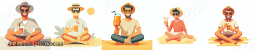 vector man sitting drinking ice on the beach during summer