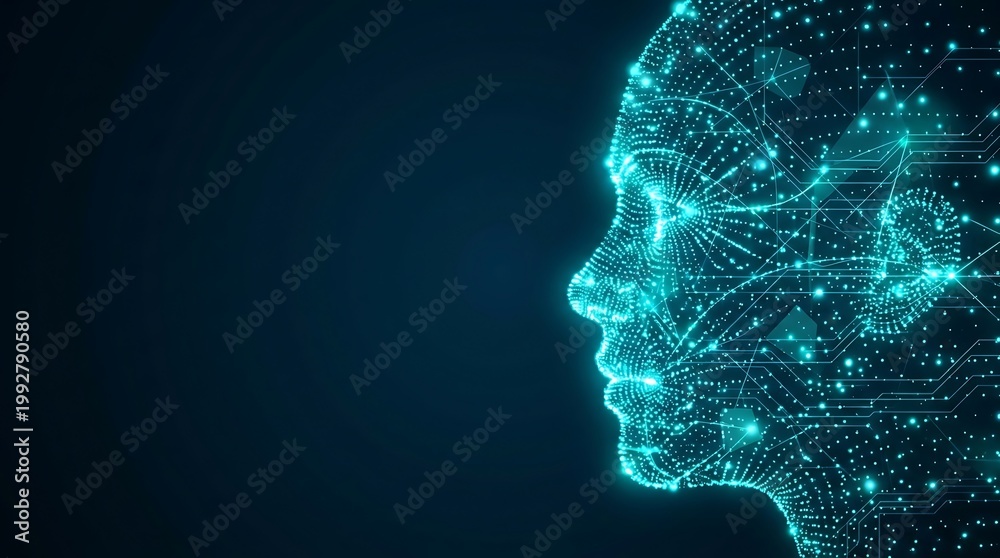 Fototapeta premium Digital Human Head Profile Glowing Blue Futuristic Technology Concept