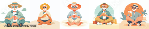 vector grandpa sitting drinking ice on the beach during summer