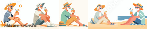 vector grandpa sitting drinking ice on the beach during summer side view