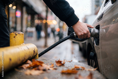 Close-up of hand refueling car with fuel nozzle at urban street gas station on wet pavement with yellow metal barrier and fallen leaves