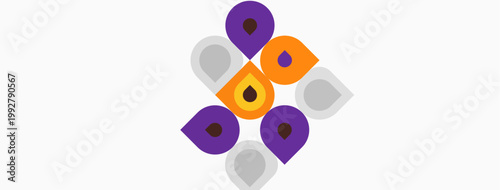 Abstract geometric shapes, purple, orange, gray. Minimalist design on white background. Simple pattern, modern aesthetic.