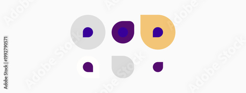 Abstract design features purple, gray, yellow circles. Minimalist composition suggests playful, modern aesthetic. Simple shapes create visual interest.