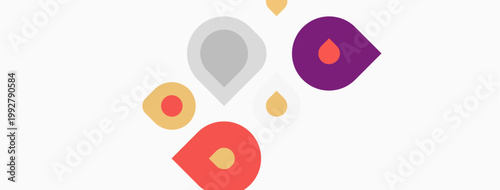 Colorful droplets scattered across white background. Simple design, playful shapes, modern aesthetic. Minimalist composition, vibrant hues.