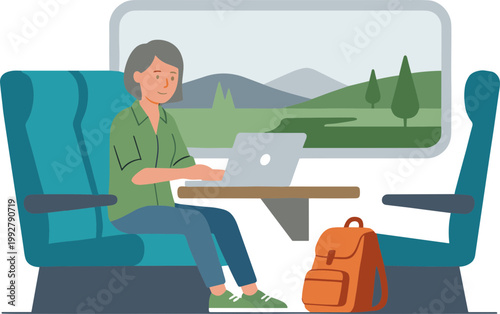 A woman works on her laptop while sitting on a train with a backpack and scenery outside the window.