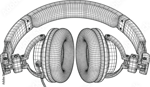 Studio headphones close up wireframe illustration, detailed over ear audio gear with complex 3D grid structure for sound technology visualization