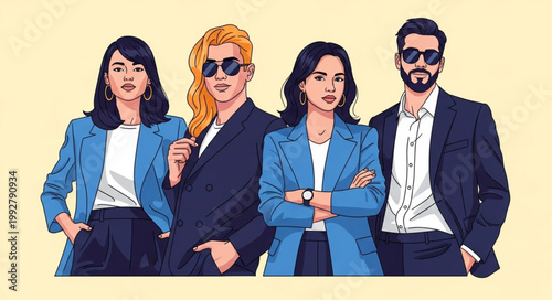 Four diverse people in business attire standing together confidently.