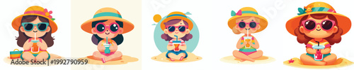 vector little girl sitting drinking ice on the beach during summer