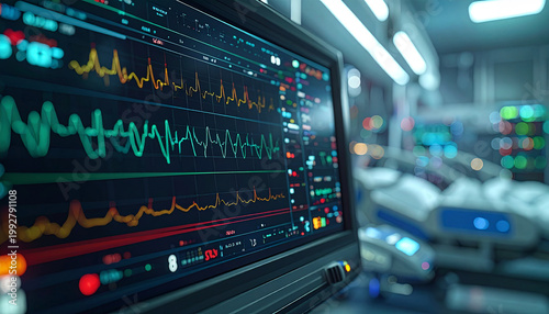 Critical Care Monitor: A close-up view of a medical monitor displaying vital signs in an intensive care unit, symbolizing the pulse of life and healthcare.