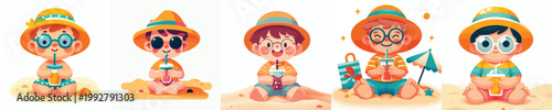 vector little boy sitting drinking ice on the beach during summer