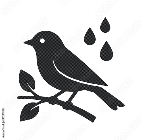 雨降る枝に佇む鳥のシンプルなモノクロベクターアイコン、自然と天候を表現するミニマルなイラスト素材、ウェブサイトやアプリのUIデザインに最適な動物のシンボル
