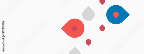 Abstract shapes, red and blue dots, gray forms. Minimalist design, clean background, simple composition. Modern aesthetic.