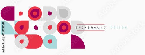 Abstract geometric shapes, circles, squares, rectangles. Minimalist design with muted colors. Background includes text elements.