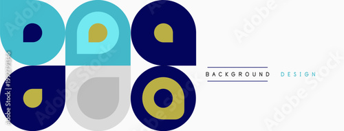 Geometric shapes, circles, squares, blue tones dominate design. Minimalist pattern creates modern visual appeal. Simple, clean aesthetic.