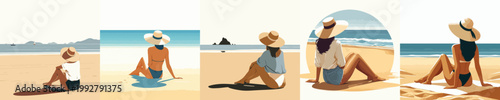 vector of woman sitting relaxed on the beach enjoying the summer back view