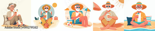 vector grandpa sitting drinking ice on the beach during summer