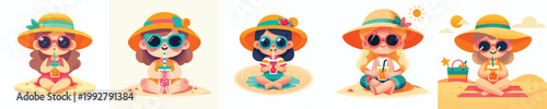 vector little girl sitting drinking ice on the beach during summer
