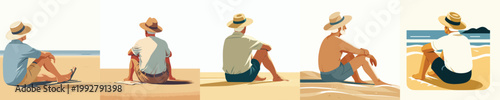 vector of grandpa sitting relaxed on the beach enjoying the summer back view
